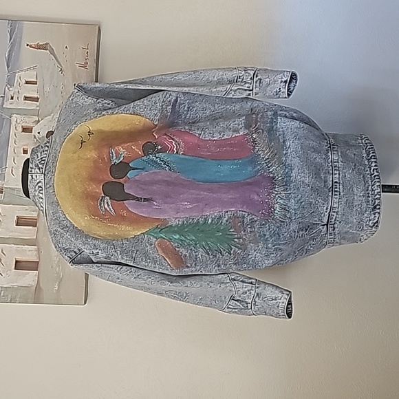 Eunina vtg 80s long jean denim jacket Southwestern artwork Native made in USA - Picture 2 of 14